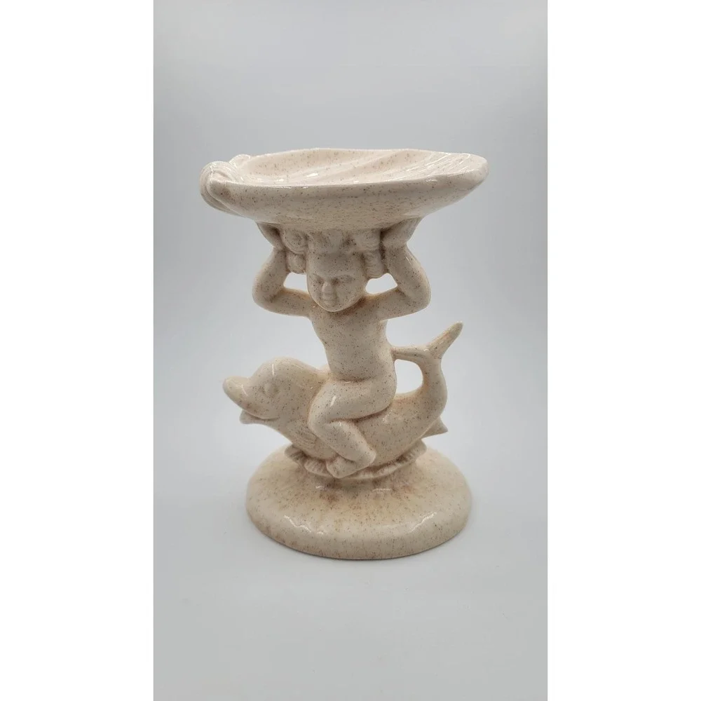 Vintage MCM Holland Mold Cherub Boy on Dolphin Pedestal Soap Dish Sand Speckled